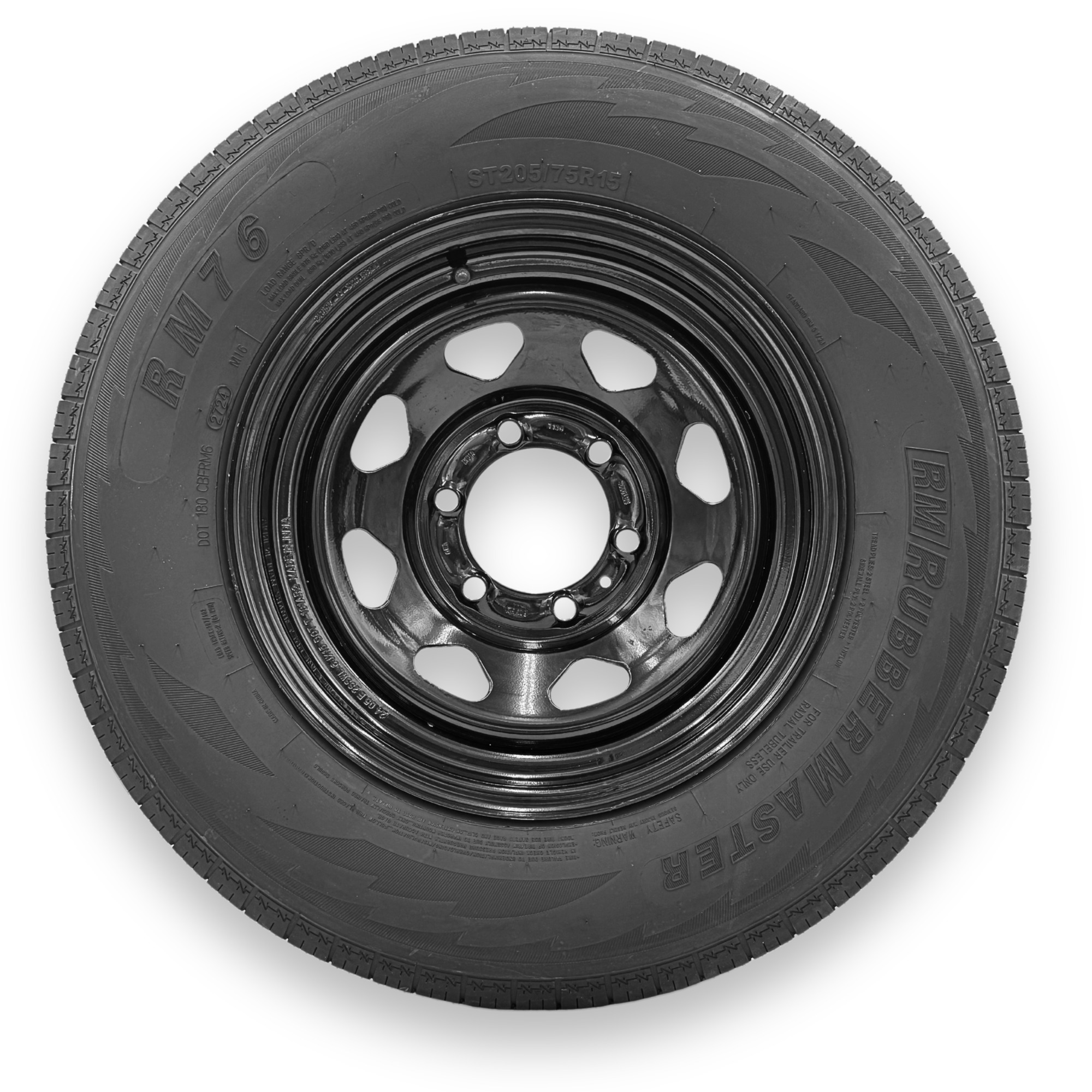 RubberMaster ST205/75R15 6 Ply TL Highway Rib Tire on a 6 on 5.5 Bolt Black Eight Spoke Wheel